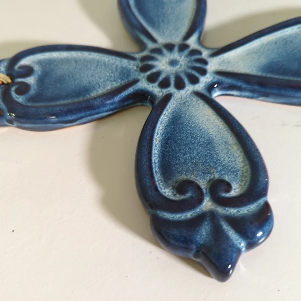 Ceramic Cross Wall Hanging Blue Religious Home Decor Spiritual Art 9.25 X 11.75